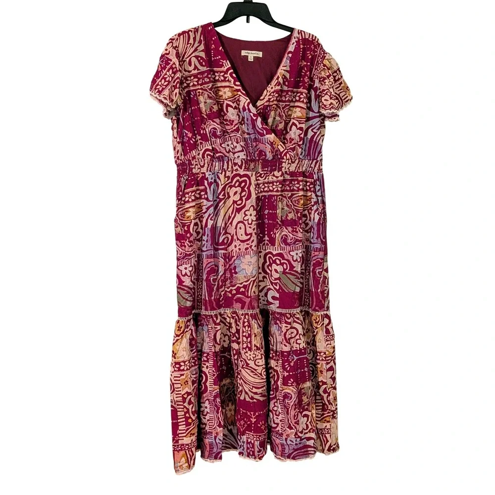 Indigo Thread Co Boho Maxi Dress Burgundy Paisley Print Flutter‎ Sleeve XL NWOT - Picture 2 of 9